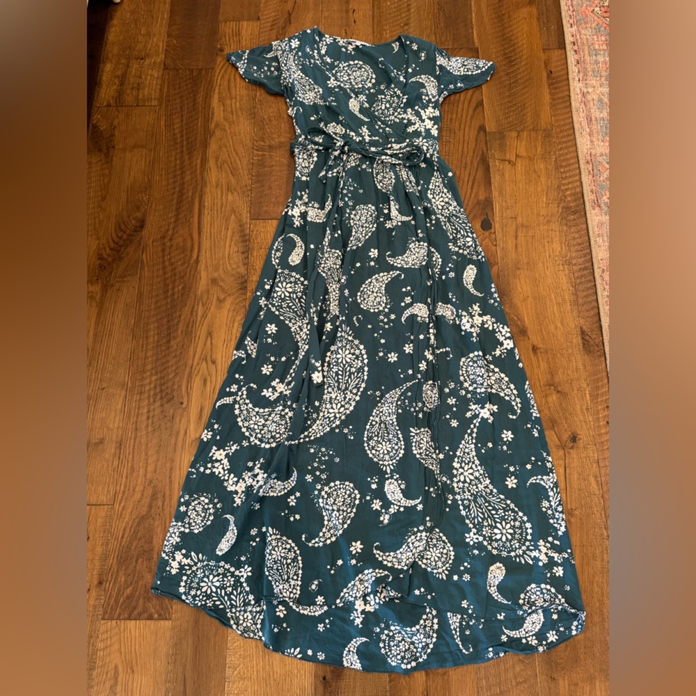 Patrons of Peace Teal Maxi Dress with White Paisley Print